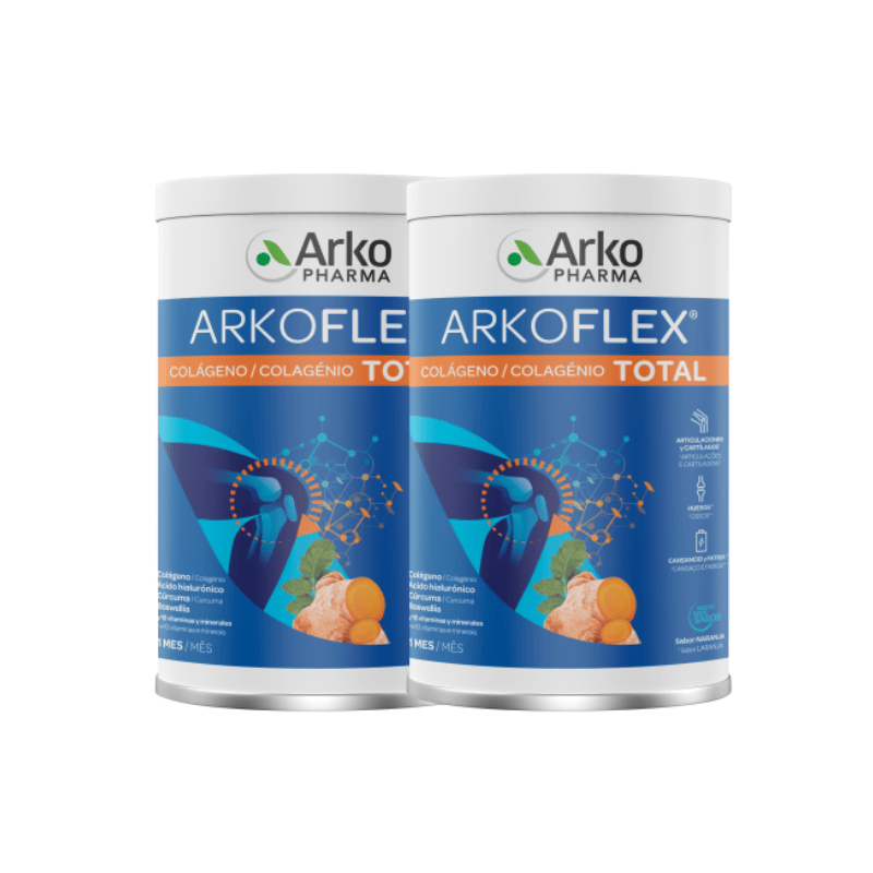 Duo Arkoflex Colagénio Total Pó 390g Frascos do suplemento Arkopharma ARKOFLEX TOTAL com rótulo azul e laranja