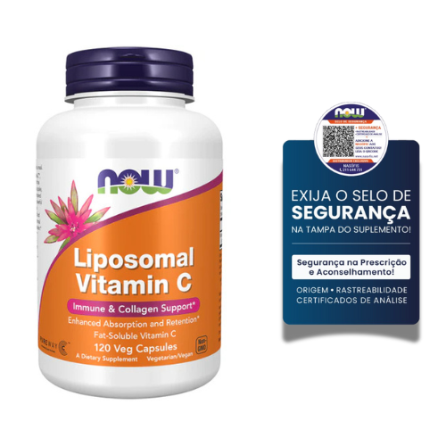 Now® Liposomal Vitamin C 120 Capsules Frasco de Vitamina C Lipossomal NOW com rótulo laranja e tampa roxa