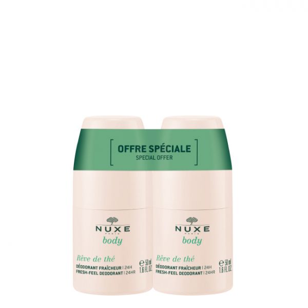 Nuxe Body Deo Duo Roll-On 2x50 ml Pack de dois desodorizantes NUXE body Rêve de thé com tampas verdes e texto OFFRE SPÉCIALE SPECIAL OFFER.