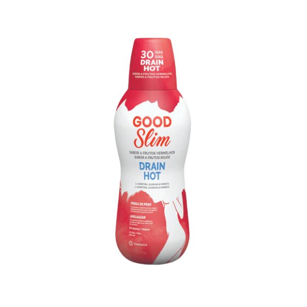 Good Slim Drain Hot 600ml Garrafa branca e vermelha do produto GOOD Slim DRAIN HOT com texto informativo