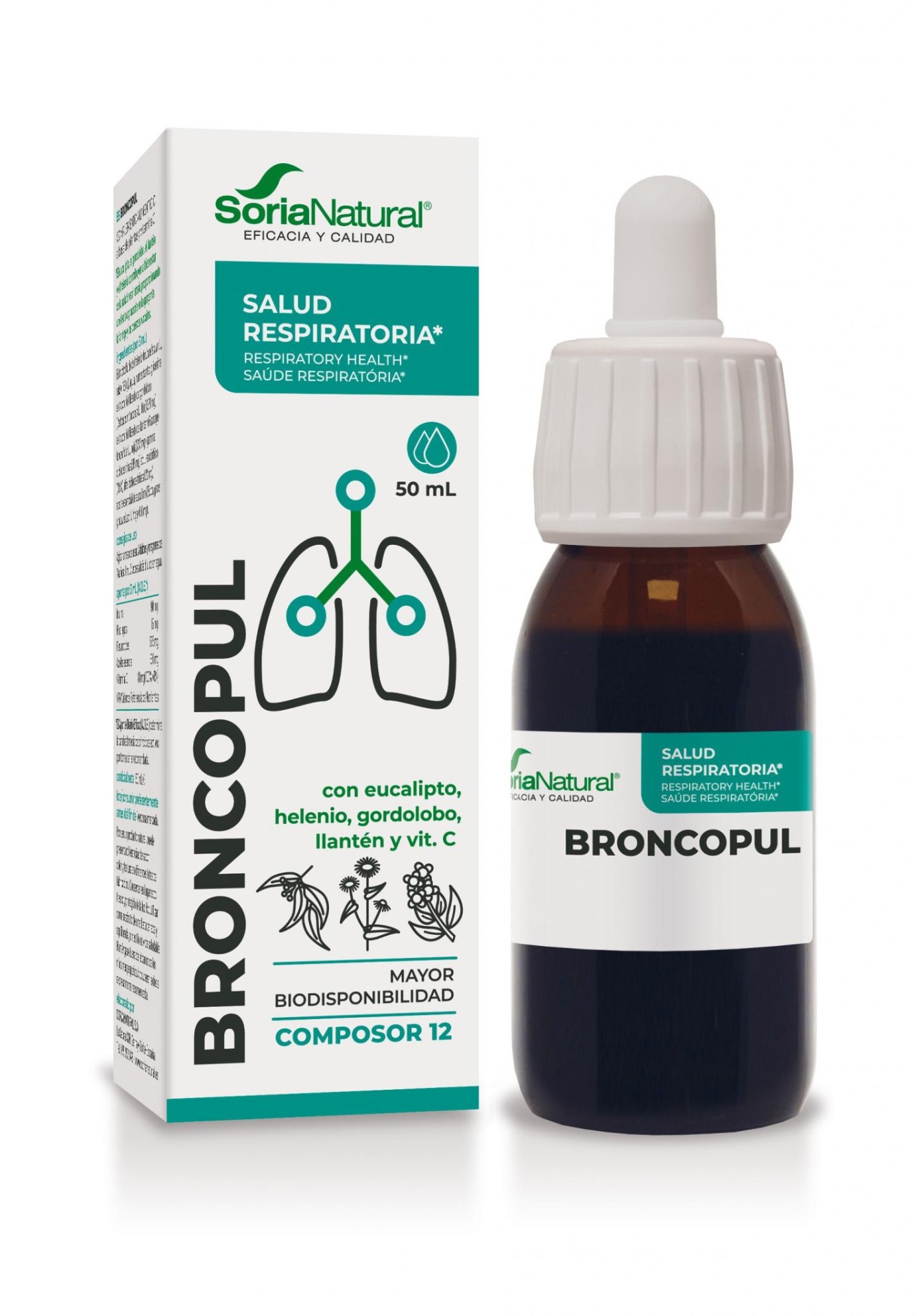 Composor 12 - Broncopul 50ml Frasco de medicamento Broncopul para saúde respiratória com embalagem e conta-gotas.