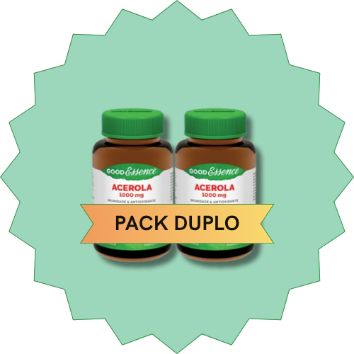Pack Good Essence Acerola 1000mg 60 Comprimidos Duas garrafas de suplemento Acerola 1000 mg Good Essence com etiqueta branca e verde, com fita amarela 'PACK DUPLO'