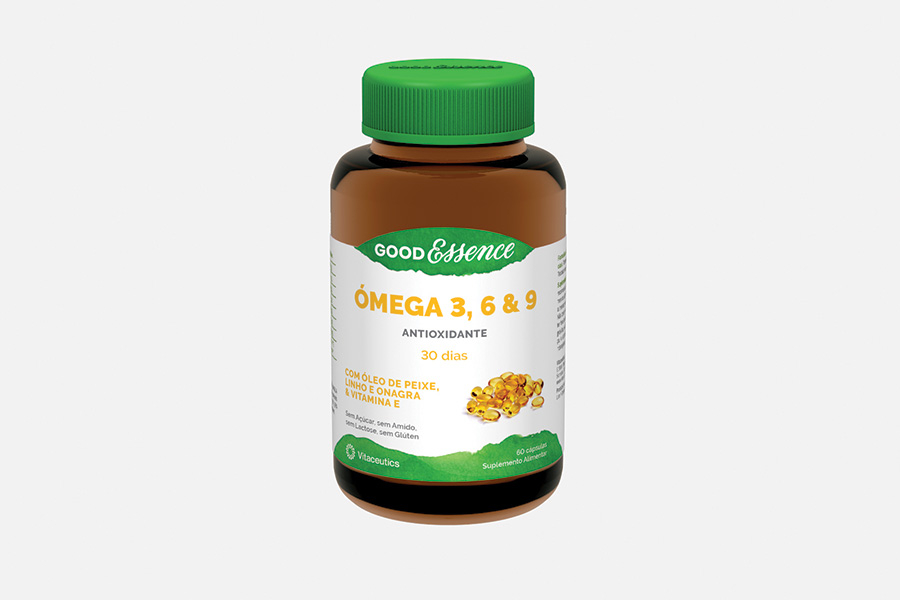 Good Essence Omega 3, 6 e 9 60 Cápsulas Suplemento Omega 3, 6 e 9 Good Essence em frasco castanho com tampa verde
