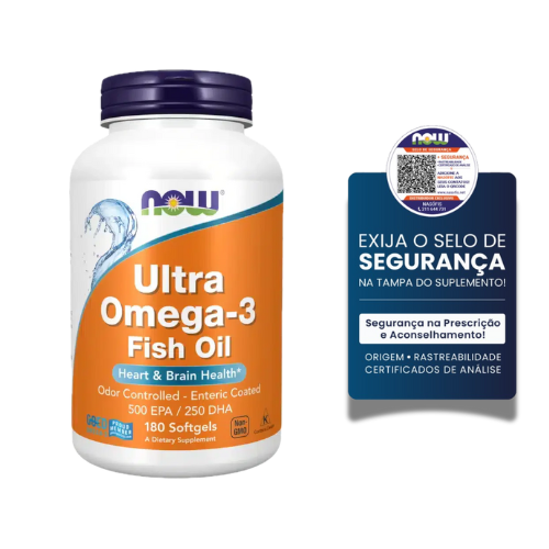 Now® UltraOmega 3 500EPA + 250DHA 180 Softgels Frasco de suplemento Ultra Omega-3 Fish Oil da NOW e selo de segurança com texto em português.