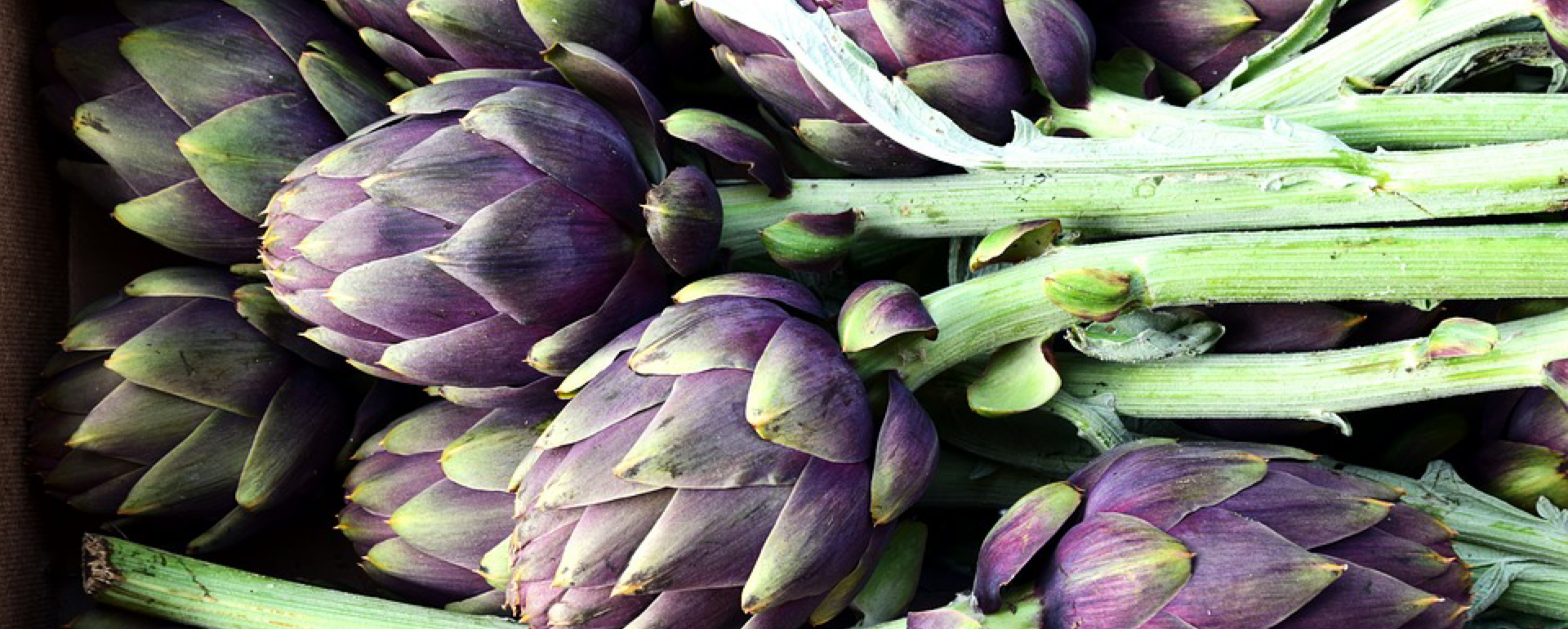 Caixa com várias alcachofras roxas e verdes com caules longos
