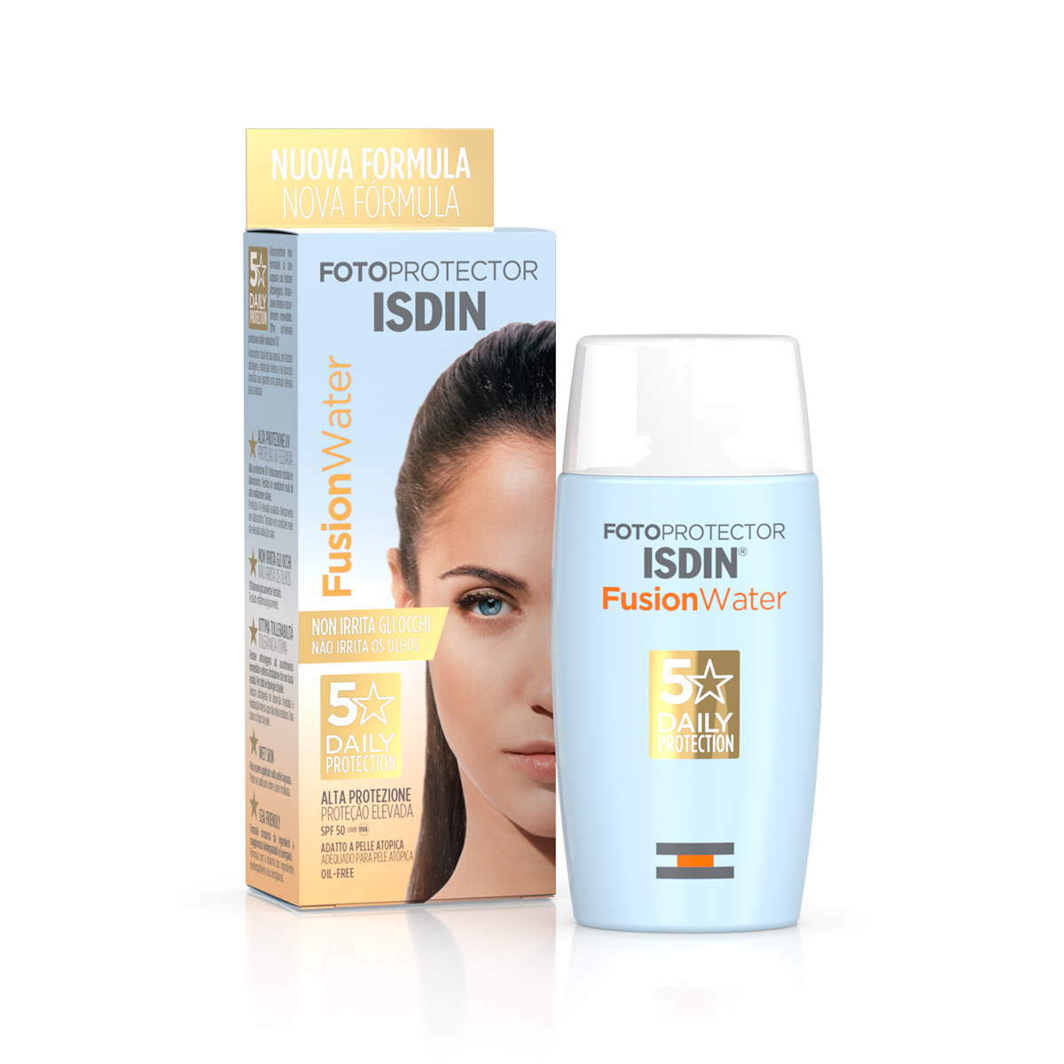 Isdin Fotoprotetor Fusion Water SPF50 50ml Fotoprotetor ISDIN Fusion Water com embalagem azul clara e caixa com rosto feminino