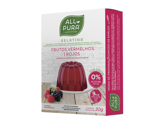 Allpura Gelatina Frutos Vermelhos 2x15g Embalagem de gelatina All Pura frutos vermelhos com texto e imagem do produto