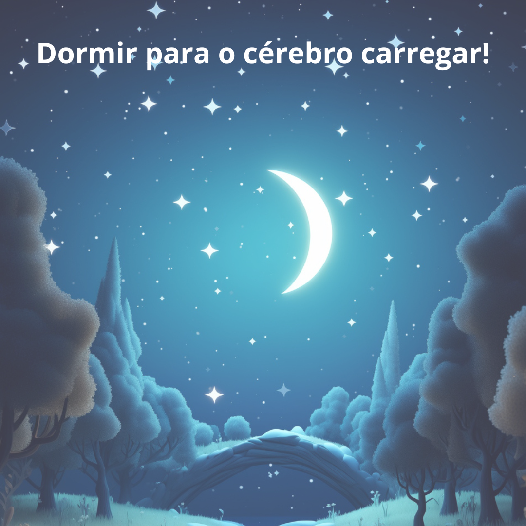 Paisagem noturna com lua crescente, estrelas e texto em português