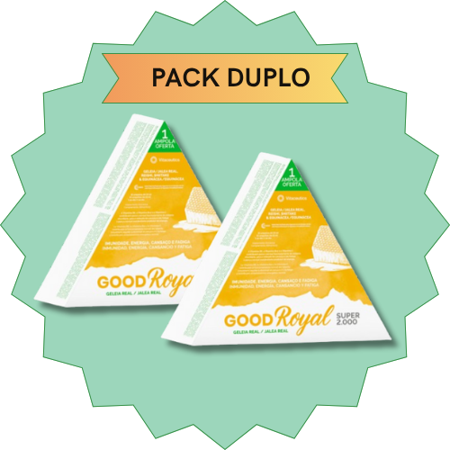 Pack Good Royal Super 2000 21 Ampolas Pack duplo com dois pacotes triangulares Good Royal branco e amarelo, com selo PACK DUPLO