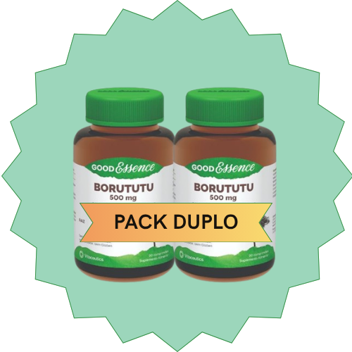 Pack Good Essence Borututu 500mg 90 Comprimidos Dois frascos de suplemento Borututu 500 mg com tampa verde e rótulo branco com verde, com faixa amarela PACK DUPLO