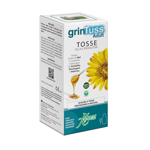 Grintuss Adult Poliresin Xarope 180g Embalagem de xarope tosse GrinTuss Adult branca com flor amarela e mel