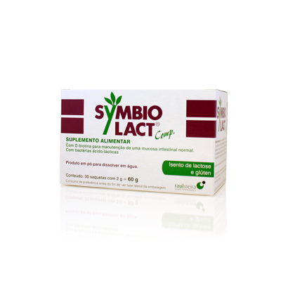 Symbiolact 30 saquetas Caixa branca do suplemento alimentar SYMBIO LACT com textos em verde e vermelho
