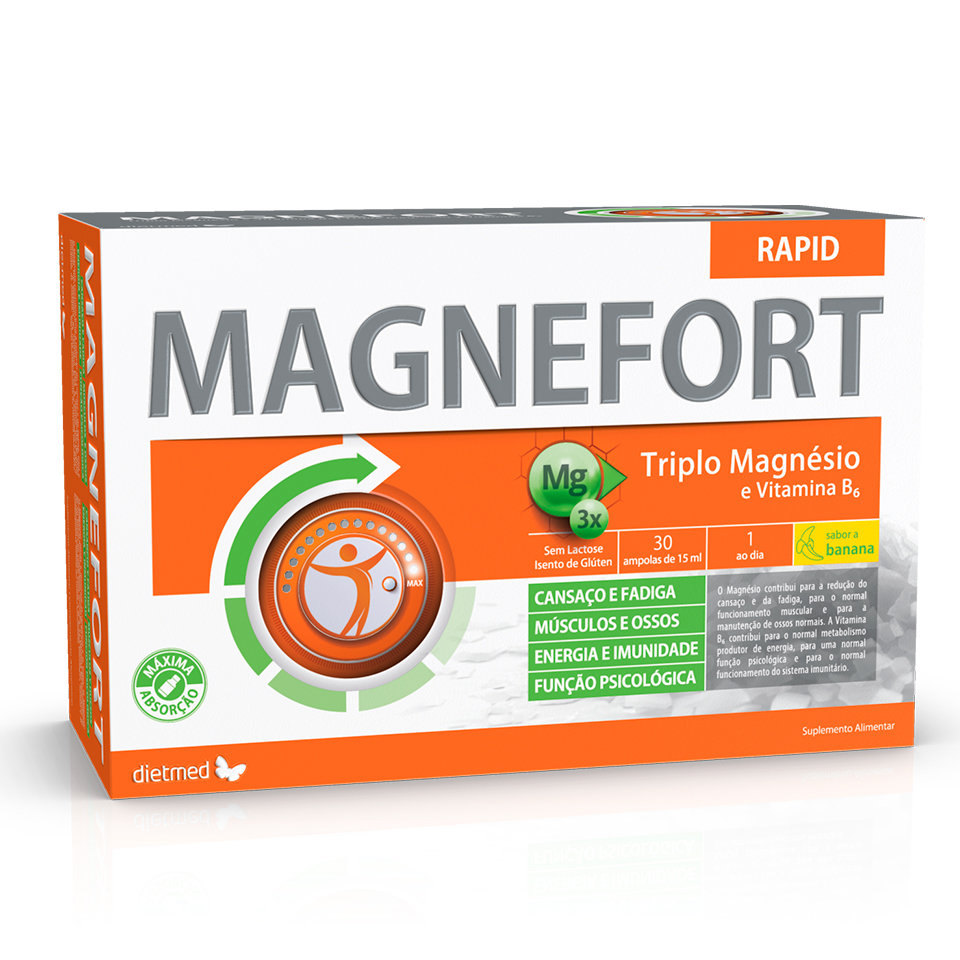 Magnefort Rapid 30 Ampolas Embalagem de suplemento alimentar Magnefort Rapid branca e laranja