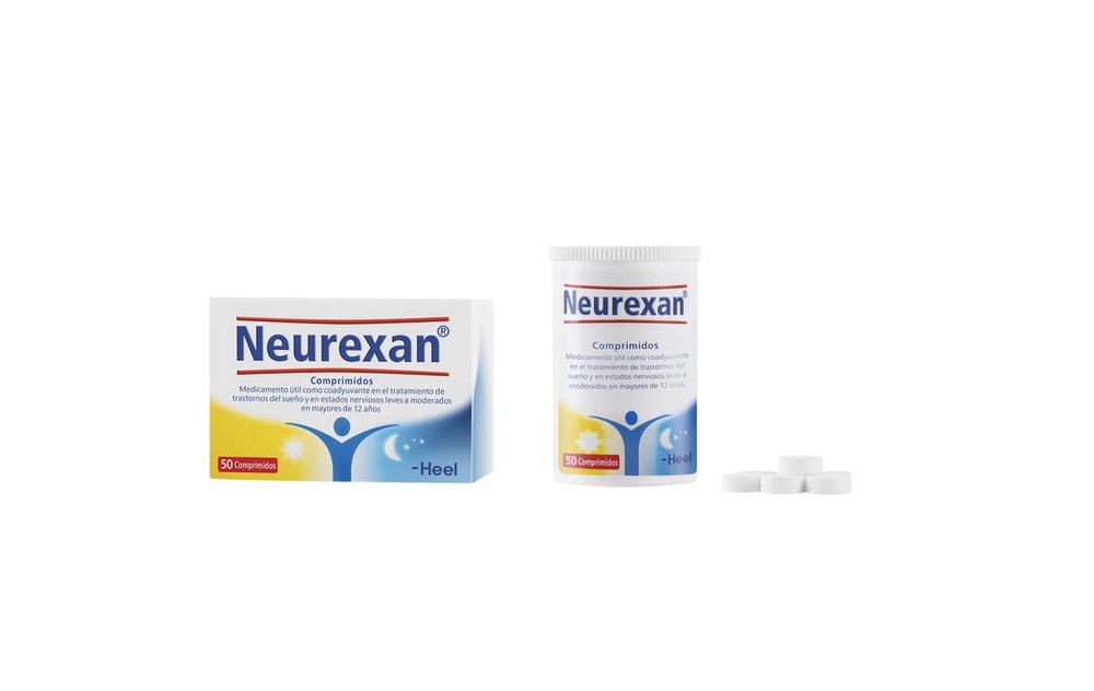 Neurexan 50 comprimidos Produto Neurexan com comprimidos e embalagem branca com detalhes azuis e amarelos