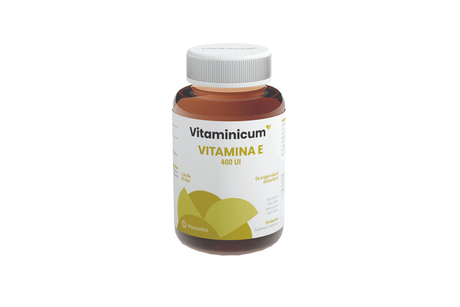 Vitaminicum Vitamina E 400UI 30 Cápsulas Frasco de suplemento Vitamina E em plástico castanho com tampa branca e rótulo branco e amarelo