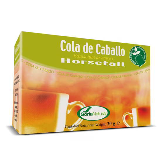 SoriaNatural Infusão Cavalinha 20 Saquetas Embalagem de chá Cola de Caballo da Soria Natural com design verde e laranja e 30 g