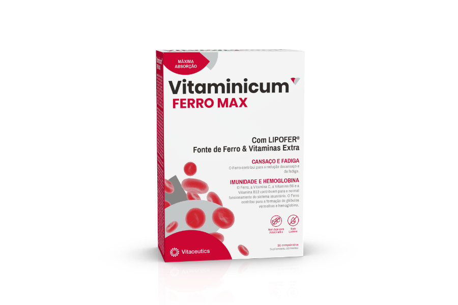 Vitaminicum Ferro Max 30 Comp Embalagem Vitaminicum Ferro Max branca e vermelha com texto e ícones
