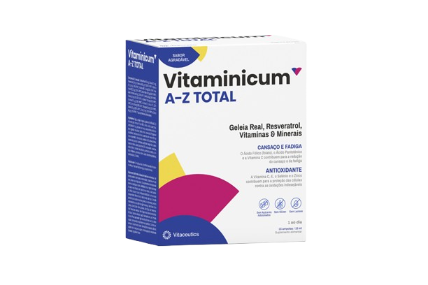 Vitaminicum A-Z Total 15 Ampolas Caixa de suplemento Vitaminicum A-Z Total com texto em português e design colorido