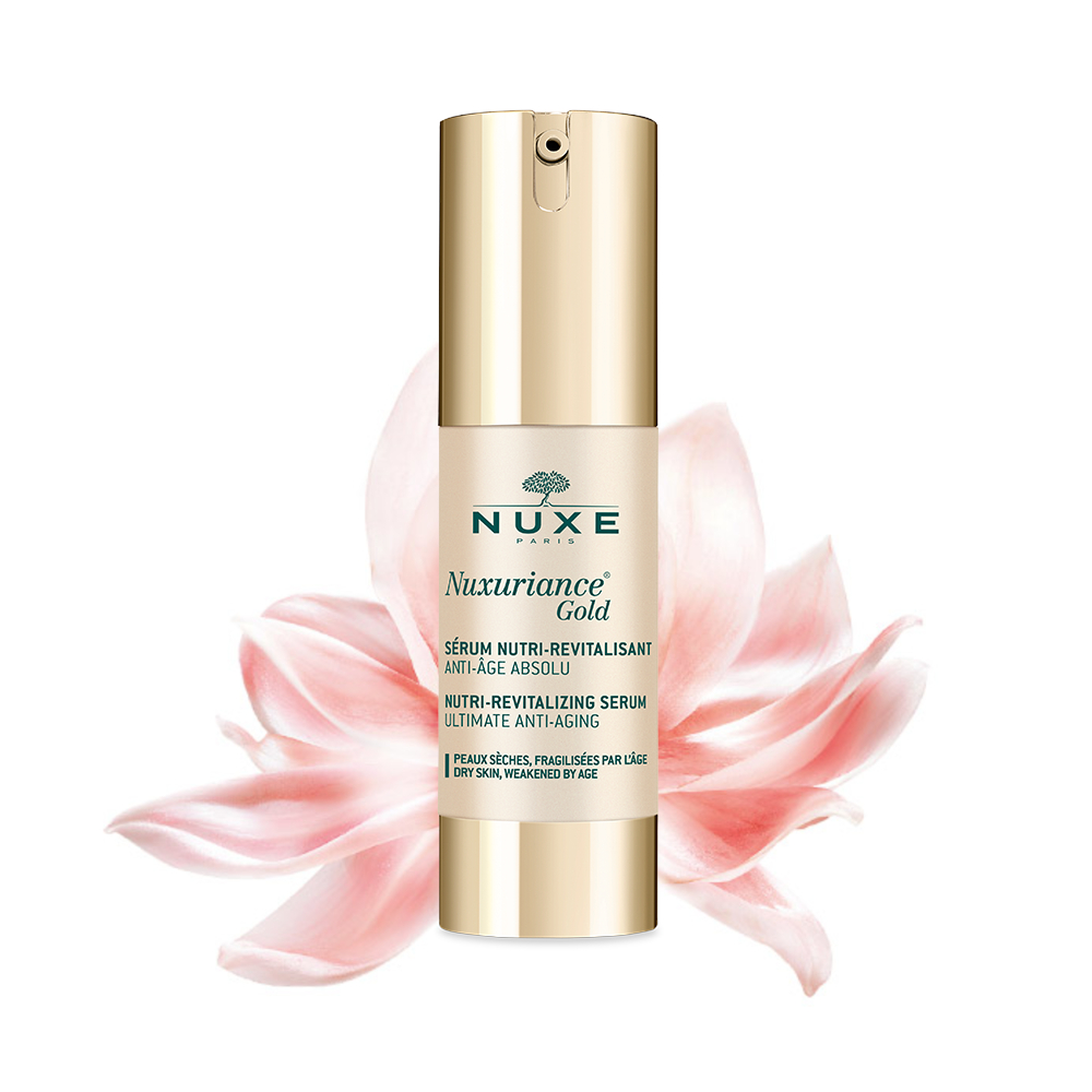 Nuxe Nuxuriance Gold Serum 30ml Frasco de sérum NUXE Nuxuriance Gold com tampa dourada em fundo branco