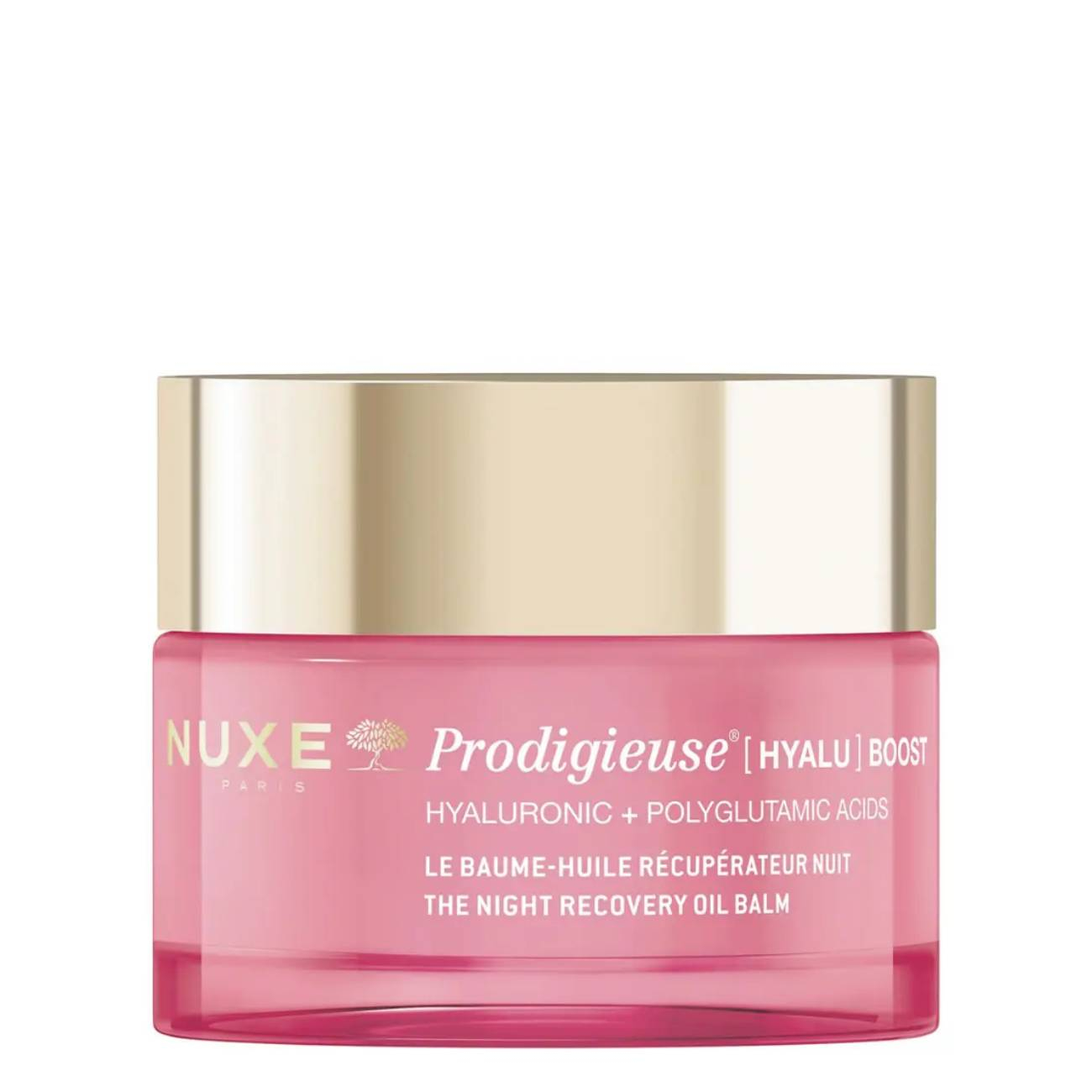 Nuxe Prodigieuse Hyalu Boost Óleo Noite 50ml Frasco rosa translúcido com tampa dourada do produto NUXE bálsamo óleo de recuperação noturna.