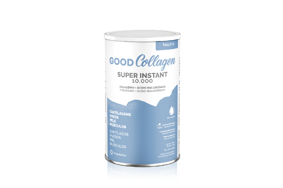 Good Collagen Super Instant Neutro Pó 450g Embalagem cilíndrica de suplemento GOOD Collagen Super Instant 10.000 azul e branca