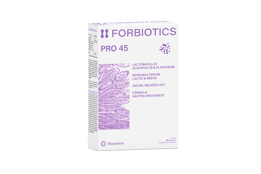 Forbiotics Pro 45 Cápsulas Caixa do suplemento FORBIOTICS PRO 45 com texto em roxo em fundo branco