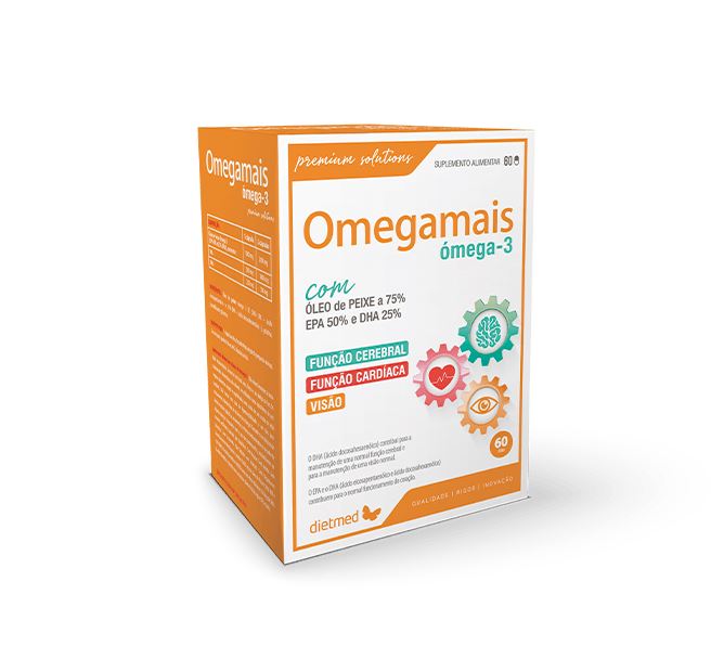 Omegamais 60 Cápsulas Embalagem branca e laranja do suplemento Omegamais ômega-3 com 60 cápsulas da marca dietmed