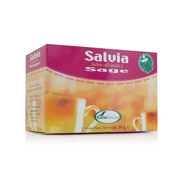 SoriaNatural Infusão Salva 20 Saquetas Caixa de chá Salvia com embalagem rosa e amarela e texto Soria Natural