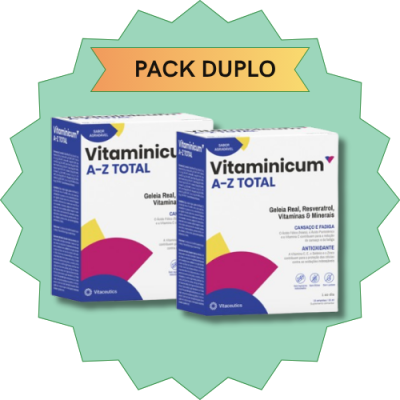 Dois pacotes do Vitaminicum A-Z Total em fundo verde com etiqueta PACK DUPLO