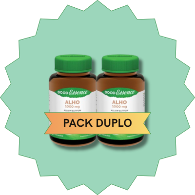 Dois frascos de suplemento de alho Good Essence 1000 mg em fundo verde claro em formato de estrela