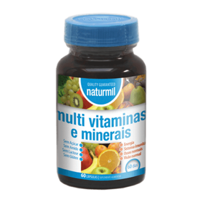 Frasco de cápsulas multivitaminas e minerais Naturmil com tampa azul