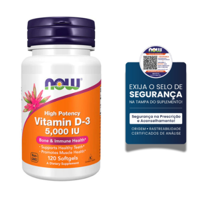 Frasco de suplemento NOW Vitamin D-3 5,000 IU com selo de segurança