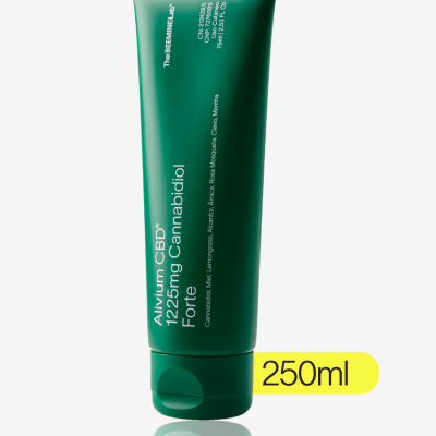 Frasco verde de creme Alivium CBD 125mg Cannabidiol Forte 250ml