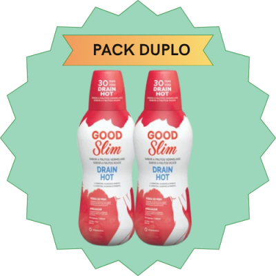 Pack duplo de produto GOOD Slim Drain Hot, garrafas brancas e vermelhas com tampa vermelha
