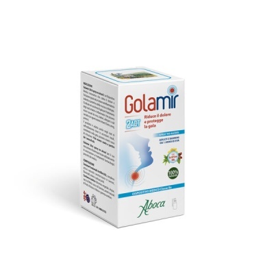 Pacote de medicamento Golamir para dor de garganta, embalagem branca com texto e selo de ingredientes naturais.