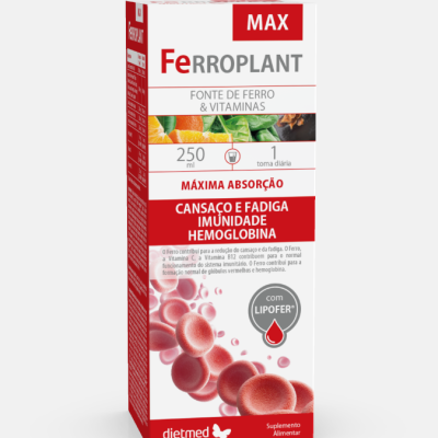 Embalagem de suplemento alimentar Ferroplant MAX com texto vermelho e branco