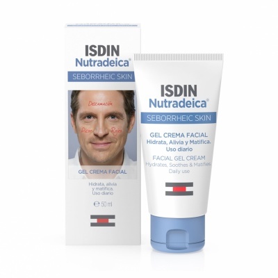 Creme facial ISDIN Nutradeica Seborrheic Skin com embalagem branca e tampa azul ao lado da caixa com rosto de homem