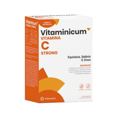 Embalagem de vitamina C Vitaminicum nas cores branco e laranja.