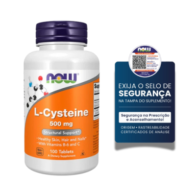 Frasco branco de suplemento L-Cysteine 500 mg com tampa roxa e rótulo laranja