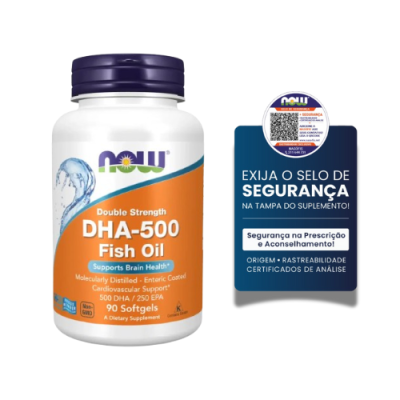 Frasco de suplemento DHA-500 Fish Oil da NOW com selo de segurança