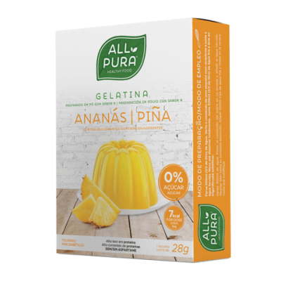 Embalagem branca e laranja de gelatina sabor ananás da marca ALL PURA com imagem de gelatina amarela