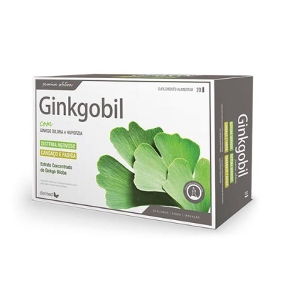 Suplemento alimentar Ginkgobil com folhas de Ginkgo biloba na embalagem