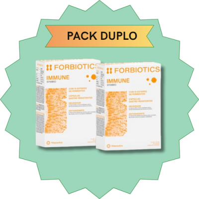 Embalagens FORBIOTICS IMMUNE SYMBIO com texto laranja e branco, rótulo PACK DUPLO em fundo verde