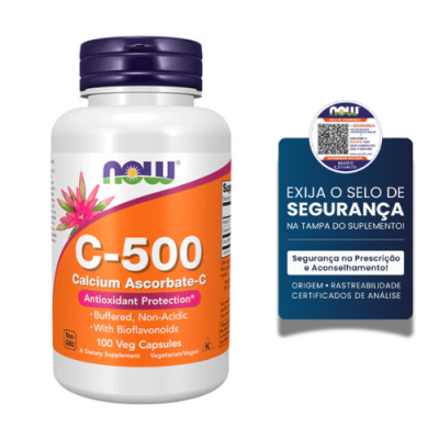 Suplemento NOW C-500 Calcium Ascorbate-C com selo de segurança em fundo branco