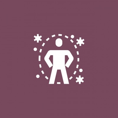 Ícone branco de pessoa com mãos na cintura e partículas, fundo cor vinho