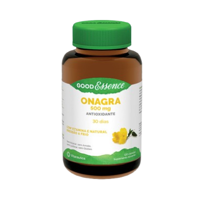 frasco de suplemento Good Essence Onagra com tampa verde e etiqueta com flor amarela