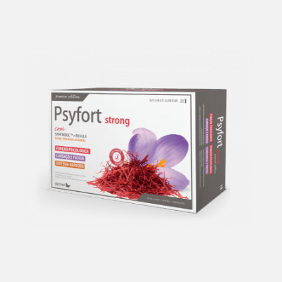 Caixa branca de suplemento alimentar Psyfort strong com flor roxa e estigmas vermelhos