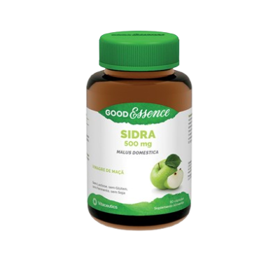 Frasco de suplemento Good Essence Sidra 500 mg com rótulo branco e verde e tampa verde