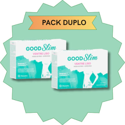 Embalagem dupla do produto GOOD Slim Ventre Liso para perda de peso e gordura em fundo verde claro