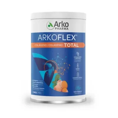 Embalagem cilíndrica de suplemento Arkoflex com rótulo azul e laranja